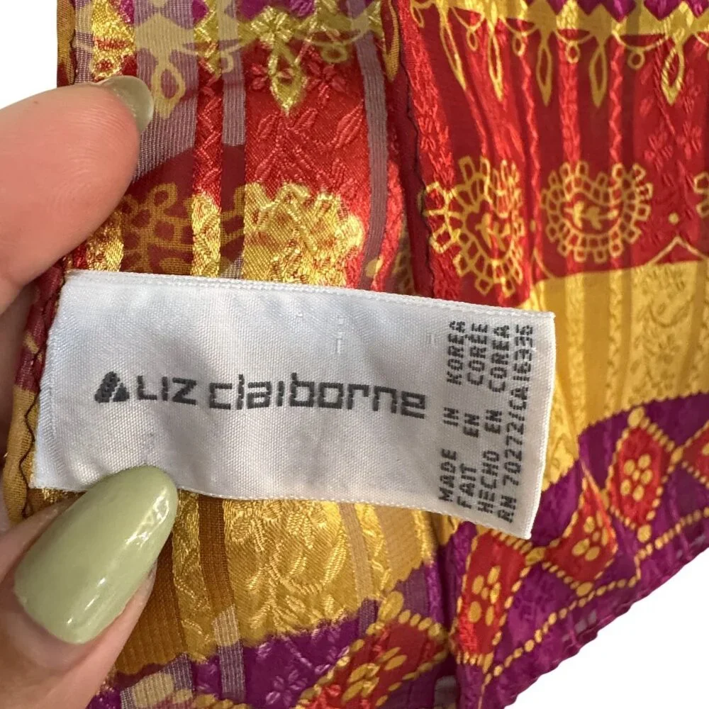 Vintage Liz Claiborne Floral‎ Stripe Scarf Black Red Gold Lightweight Wrap